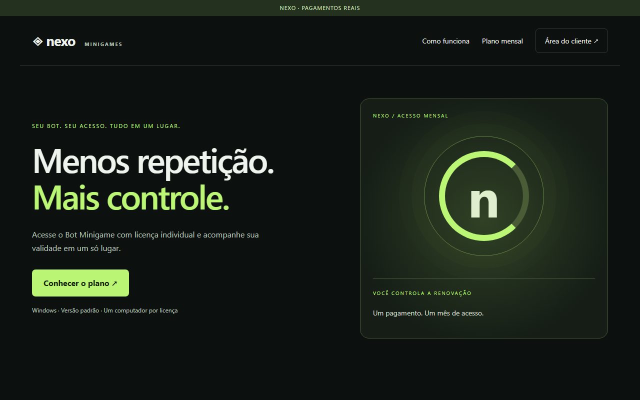 Página inicial do site Nexo Minigames
